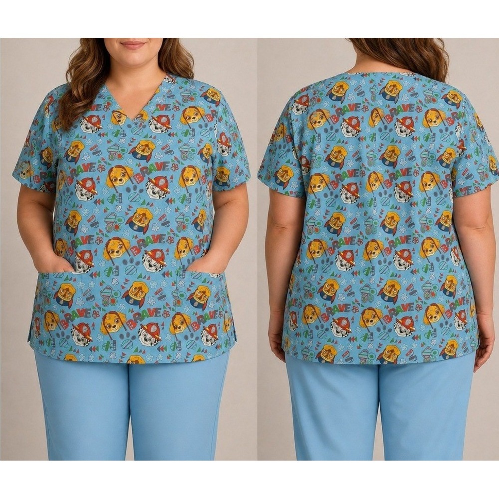 Nickelodeon Paw Patrol Scrub Top Womens 2X Blue Character Print V-Neck Cotton